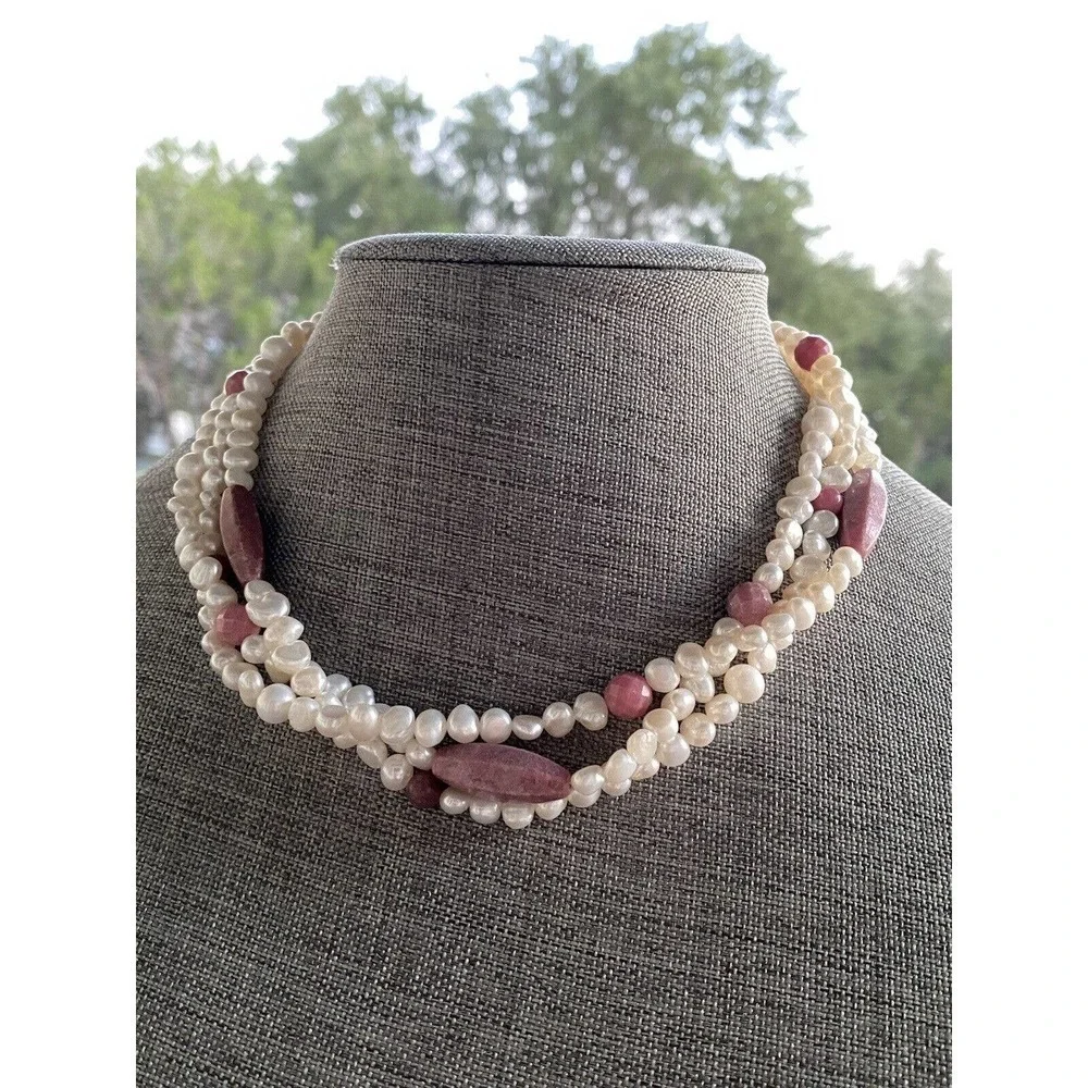 Necklace Pearls Rhodonite Three Strands 17”+3” 925 Findings Artisan